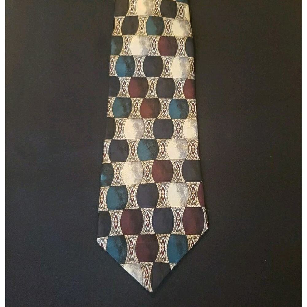 MARK ALEXANDER Men's Tie Geometric Green Blue Cream and Red 4" Width Formal/Work